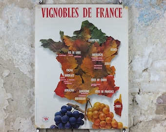 1974 Vineyards of France Poster, Types of French wines, Vins de France, advertising and marketing, Viticulture print wall art decor