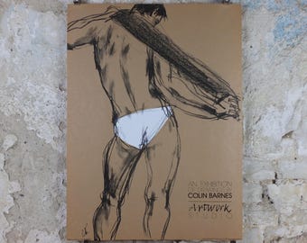 1981 Colin Barnes Poster, pants 1910, white underwear briefs pose, male form erotic nude, artist gallery exhibition wall art decor