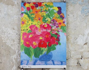 1990 Walasse Ting Poster, Flowers, vibrant blooms in a blue vase, colourful popular figuratism, pop art, gallery exhibition, wall art decor