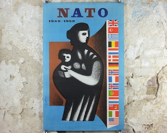 1959 NATO Poster, Wall of Flags protects Mother and Child in the West, 10 year anniversary 1949 - 1959, Political Propaganda, wall art decor