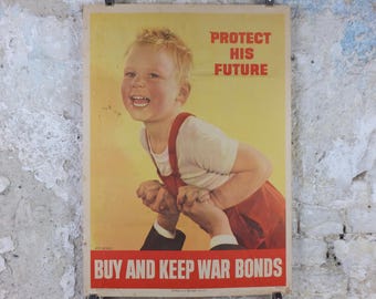1944 War Bonds Poster, Protect His Future, Laughing Boy, Buy and Keep War Bonds, by Ruth Nichols, WFD 977-A, US Treasury wall art decor