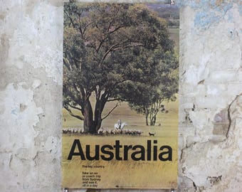 1969 Australia Outback Poster, The Big Country, Sheep farmer on horseback, yellow prairie haze, travel & tourism wall art decor