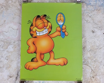 1978 Garfield Poster, Garfield with a Mirror, by Jim Davis, colourful print wall art retro decor