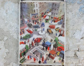 French Crossroads of a City Poster, Urban Street Scenes by Helene Poirie, Carrefour d'une Ville, Editions Bourrelier, wall art retro decor