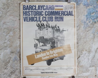 Original Vintage British London to Brighton Double Decker Bus Poster travel transport barclaycard advertising print wall art retro 1970s