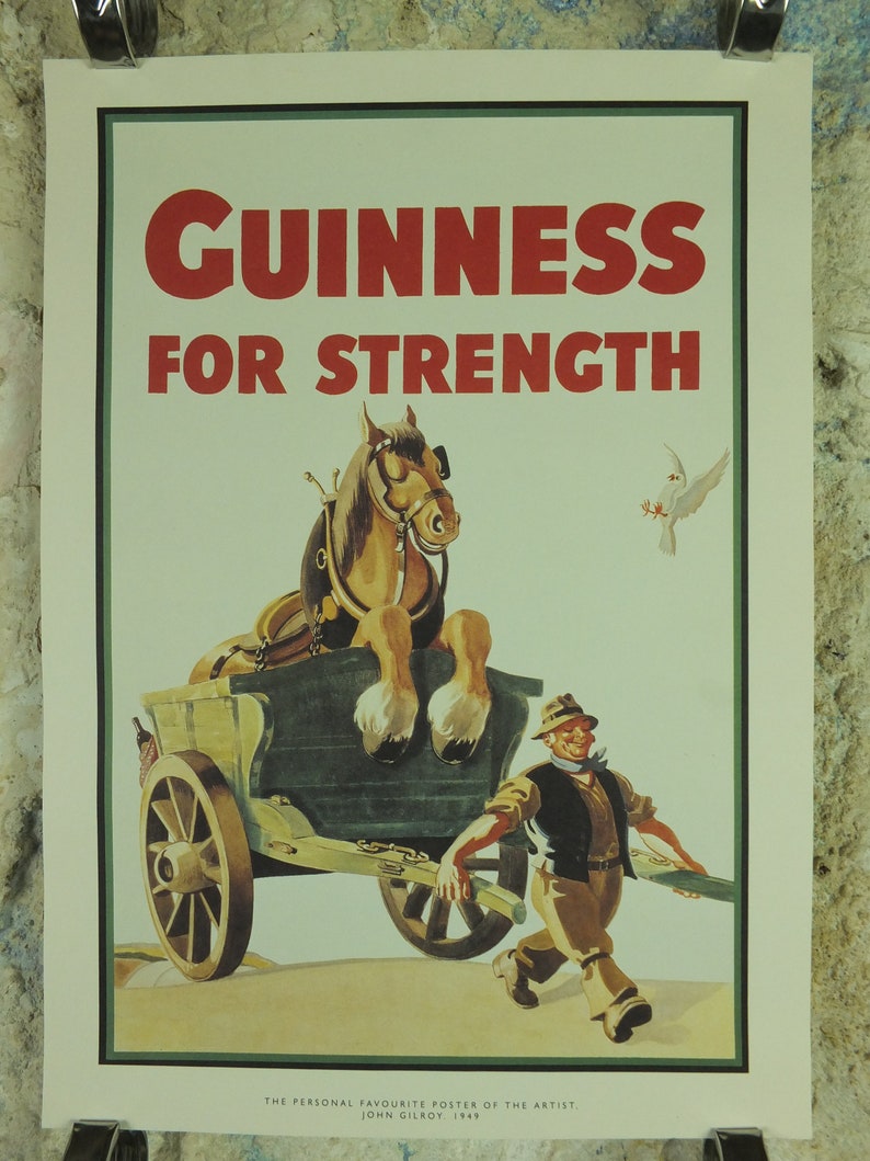 Guinness For Strength Poster, by John Gilroy 1949, Gilroy's favourite poster, Advertising campaign Wall art retro 1990s