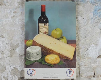 1960s Cheeses of France Poster, Comte, Munster, Bleu de Bresse cheeses & apples Fromages de France, Saint-Emelion kitchenalia wall art decor