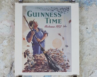 1990s Autumn Guinness Poster, Guinness Time by John Gilroy, 1951, Park Royal Brewery, leaf pile, Advertising campaign Wall art retro decor