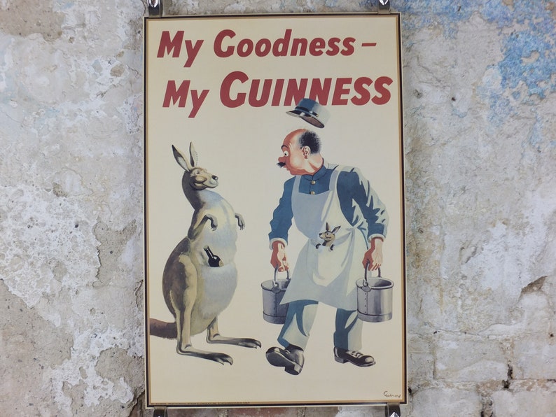 1990s My Goodness My Guinness Poster, from Guinness Museum, By John Gilroy 1942, kangaroo, joey and zookeeper, Wall art retro decor image 1
