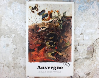 Vintage Dali Auvergne Poster, Salvador Dali, Butterflies, SNCF, travel tourism, 100cmx62cm, Chemins de fer Francais, wall art 1970s