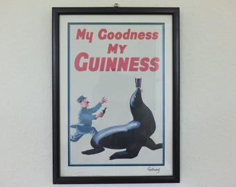 Hand signed 1981 John Gilroy Guinness Toucan Poster, Sea Lion 1935, Guinness Zookeeper with sea lion with pint on nose, wall art retro decor
