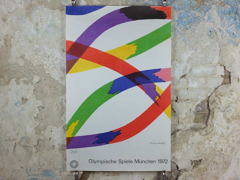 1972 Munich Olympics Poster, Piero Dorazio, Coloured Ribbons, sport, Olympische Spiele Munchen, wall art decor image 1