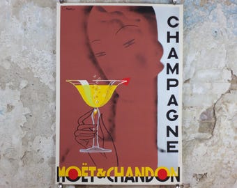 1990 Moet & Chandon Champagne Poster, Art Deco, sipping champagne, by Alexandre Chemetoff, Editions Clouet, advertising wall art decor