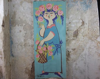 1964 Bjørn Wiinblad Poster, Flora, original screen print, woman with head garland and basket of flowers, modernist wall art decor