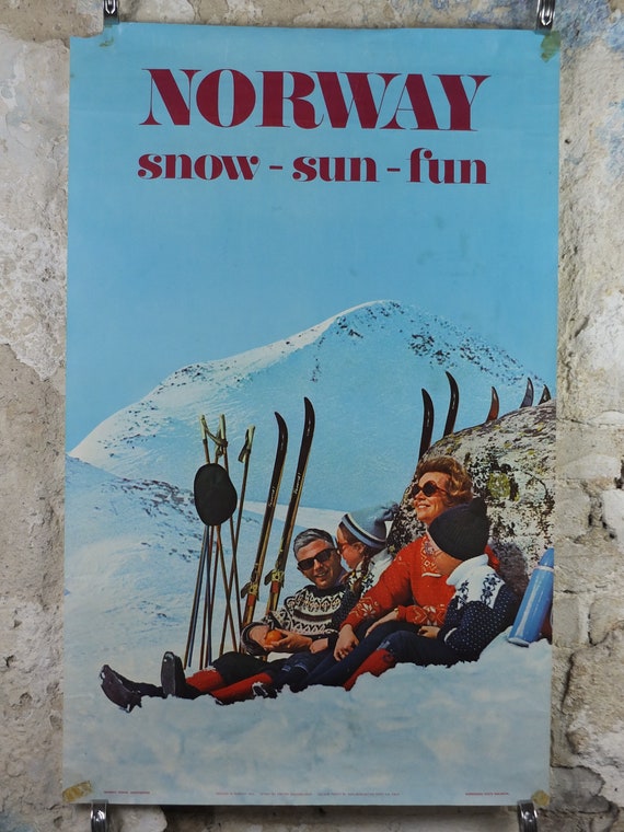 1970 Norway Skiing Poster, Snow, Sun, Fun, Norway Travel
