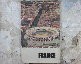 1960s Arena of Nîmes Poster, Provence, France, 1st century Roman amphitheatre architecture, travel wall art decor