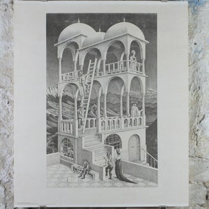 1958 Vintage M.C. Escher Poster, Belvedere, Surrealism Dutch print from Cordon Art from Baarn Holland, wall art decor image 2