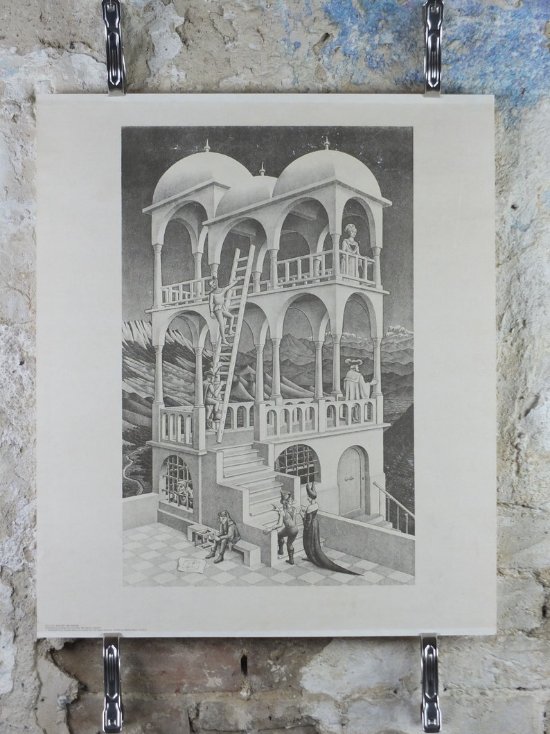 1958 Vintage M.C. Escher Poster, Belvedere, Surrealism Dutch print from Cordon Art from Baarn Holland, wall art decor image 2