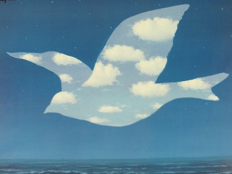 1986 René Magritte Poster, Surréalisme en Belgique, LOiseau du ciel 1966, état étonnant, surréaliste, galerie exposition art mural années 1980 image 5