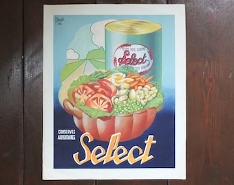 Vintage French Poster Select Naegels Kitchen canned vegetables peas carrots tomatoes conserves aumentaires print wall art retro 1930s 1950s