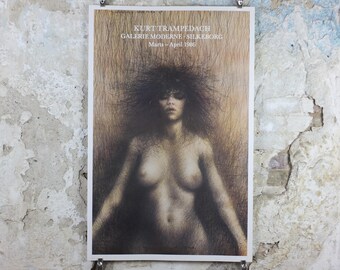 Signed 1986 Kurt Trampedach Poster, , hand signed in 1990, dark and brooding portrait, gallery exhibition, wall art decor