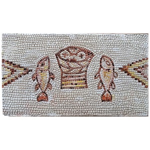 May include: A mosaic tile artwork featuring two stylised fish flanking a central, geometric design. The fish are brown and yellow, while the central design is a mix of brown, yellow, and white tiles.