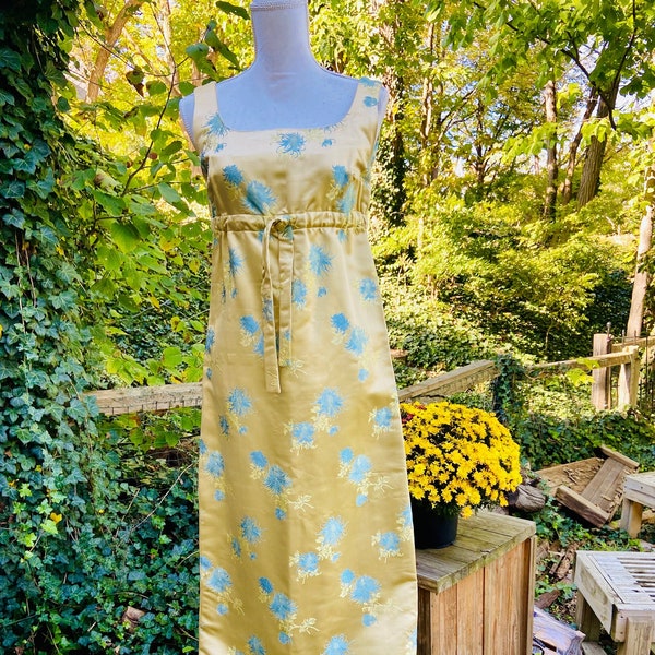 Handmade l970s Floor Length Brocade Dress in Golden Yellow. Small. Gathered Under Bust. Long Skirt. 15" Kick Pleat. Fabric from Viet Nam.