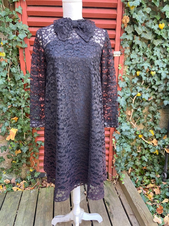 l960s Mod A-Line Black Lace Dress with Wide Bow. H