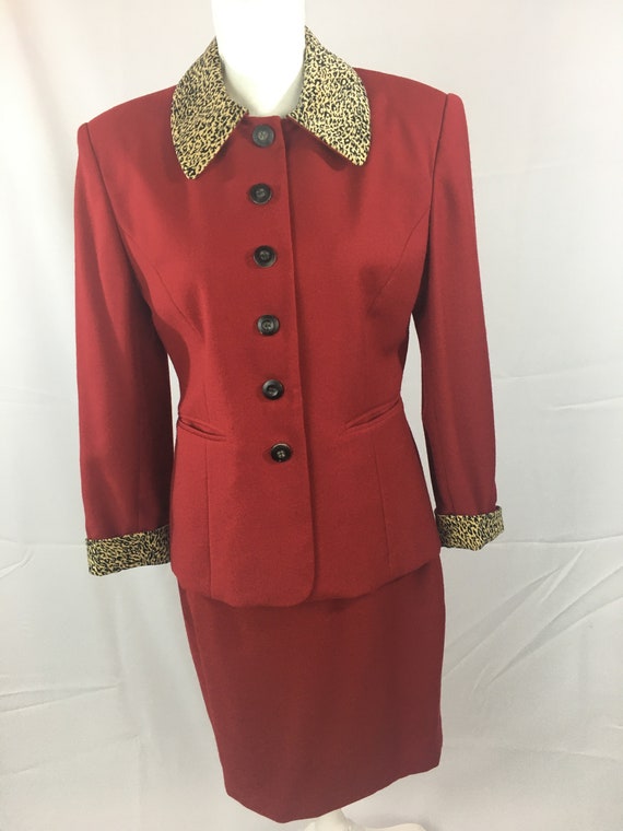 Vintage Adolfo Atelier Red Wool Ladies Suit with L