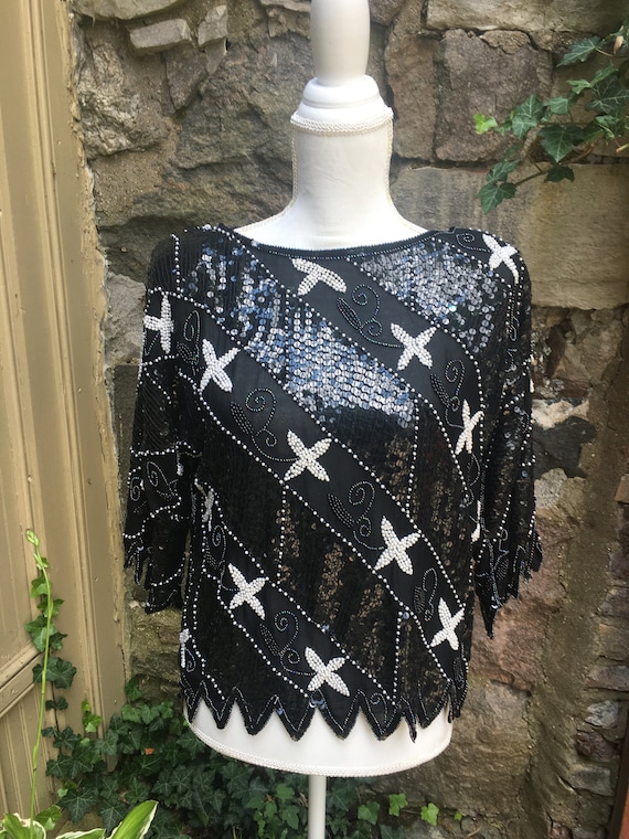 l960 Vintage Beaded Top in Black and White Sequins
