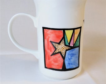 An abstract stained glass windows mug white china hand decorated Valentine