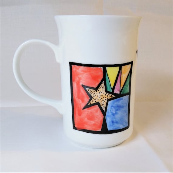 An abstract stained glass windows mug white china hand decorated Valentine