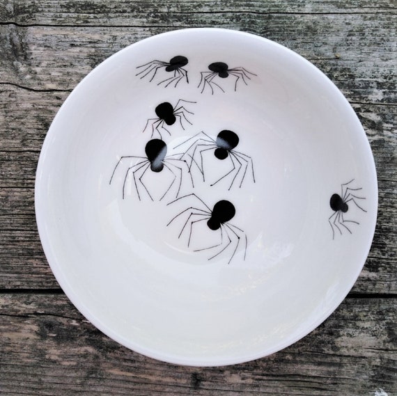 Halloween - A cereal or dessert or pudding dish decorated with a swarm of spiders.
