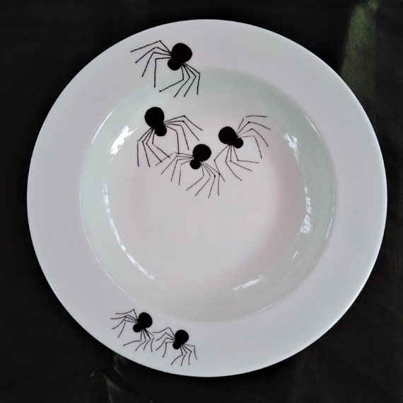 Halloween - Spiders on a pure white bone china soup or pasta dish.