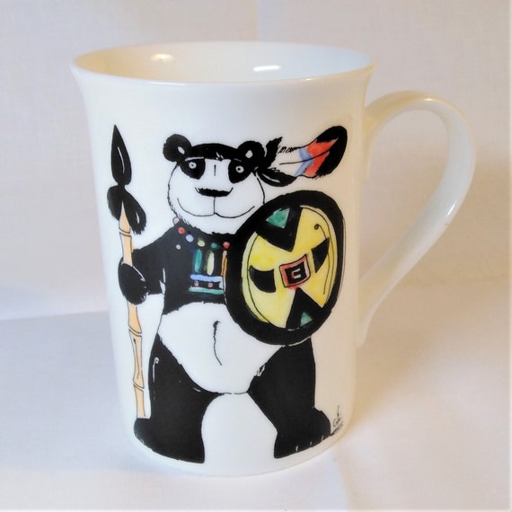 Panda warrior mug white china hand decorated.