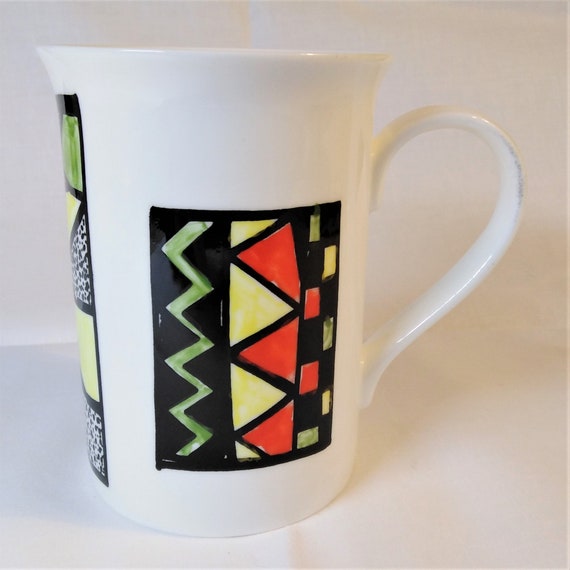 Abstract stained glass windows mug white china hand decorated.