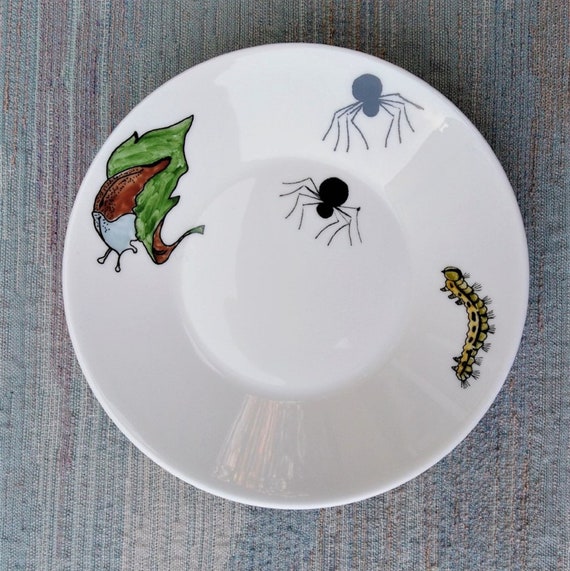 Dish with a slug, a caterpillar and spiders.
