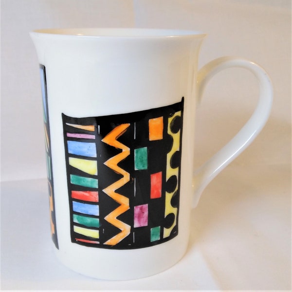 Abstract stained glass windows mug white china hand decorated.