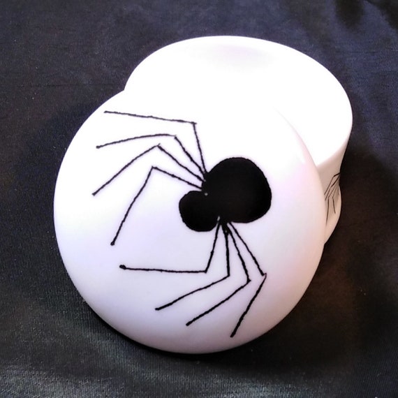 Halloween - Spiders on a white bone china trinket box with a lid and black spider