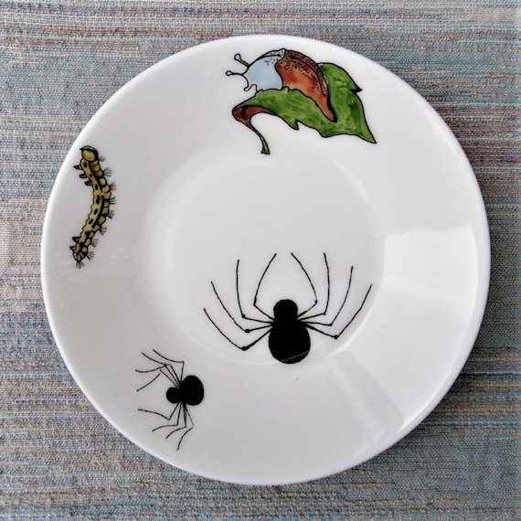 Dish with a slug, a caterpillar and spiders.
