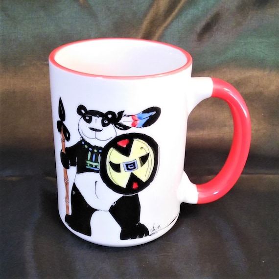 Panda Warrior on a large china mug with a red rim and a red handle