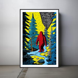 Op de afbeelding: Een rode Bigfoot-figuur loopt door een blauw en geel bos. Het bos is gevuld met hoge bomen en een klein beekje. De achtergrond is een gele lucht met een zwart-witte wolk.