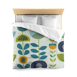 Retro Flora Spring, Duvet Cover | Comforter Cover | Mid Century Bedding | Modern Bedding | Queen King Twin XL | Lightweight