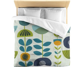Retro Flora Spring, Duvet Cover | Comforter Cover | Mid Century Bedding | Modern Bedding | Queen King Twin XL | Lightweight