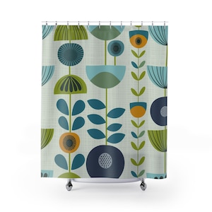 Retro Flora Spring, Modern Shower Curtain | Art Bath Decor | Mid Century Bathroom | Retro Shower