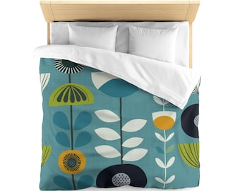 Retro Flora Summer, Duvet Cover | Comforter Cover | Mid Century Bedding | Modern Bedding | Queen King Twin XL | Lightweight
