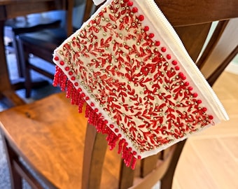 Textile Art Wristlet, Beaded Red Floral Clutch, Handmade Boutique Quality