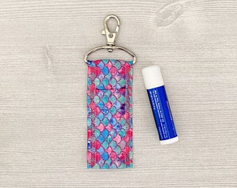 Lip Balm Holder, Chapstick Holder Keychain, Pink And Blue Mermaid Ribbon