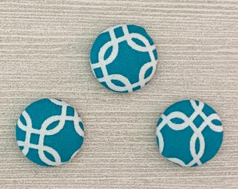 Teal and White Fabric Magnets, Fabric Covered Button Magnets