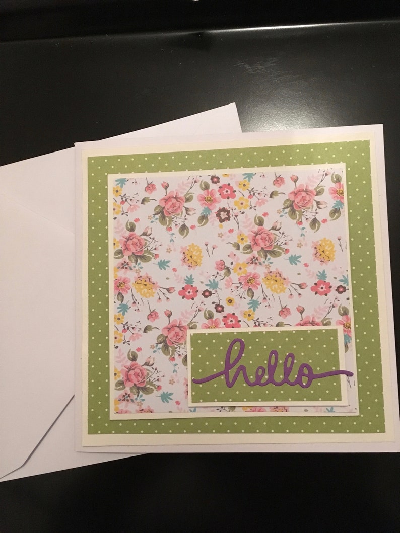 Hello greeting card with flowers and spots suitable for any age